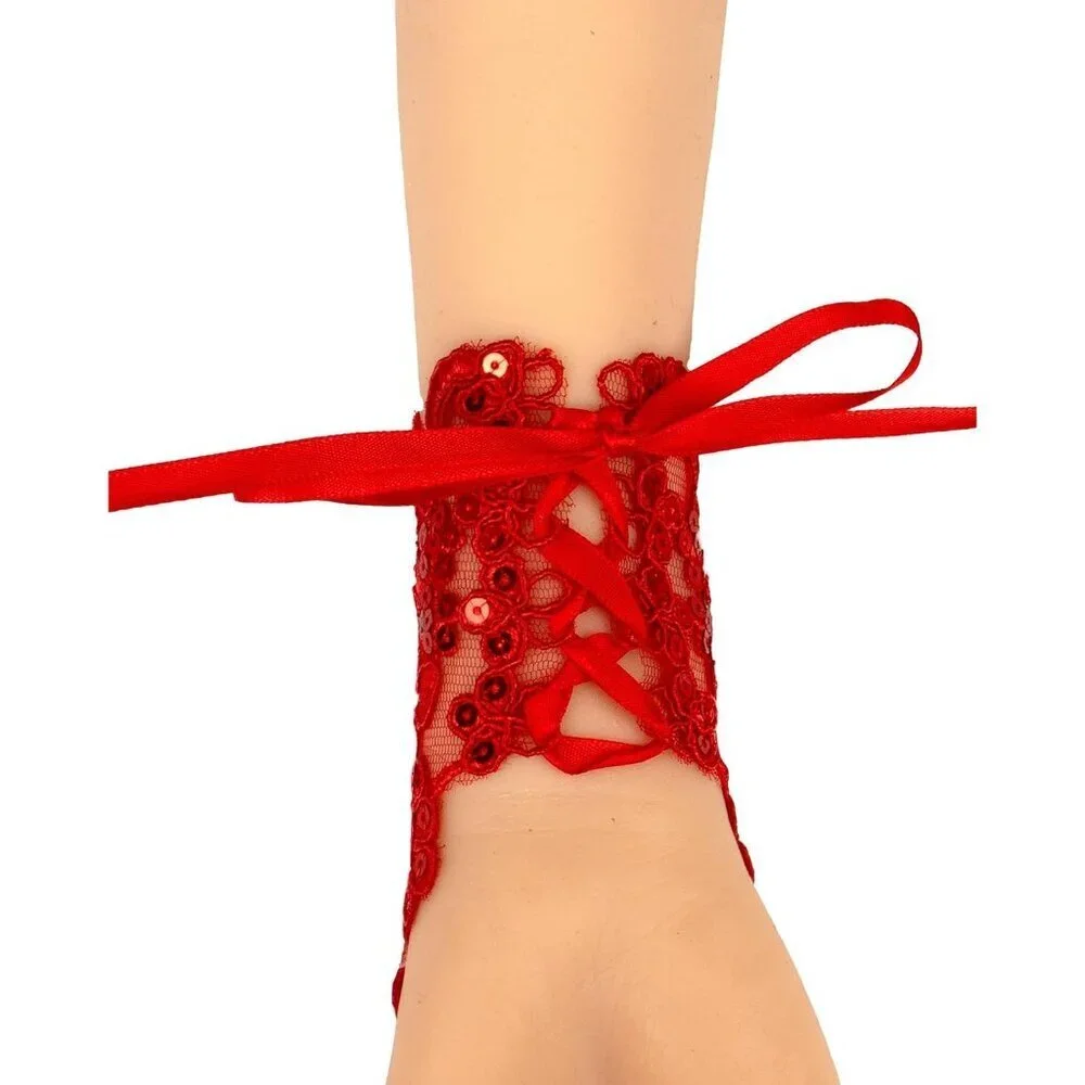 Women's Rhinestone Fingerless Red Gloves Bride Wedding Party Prom Accessories